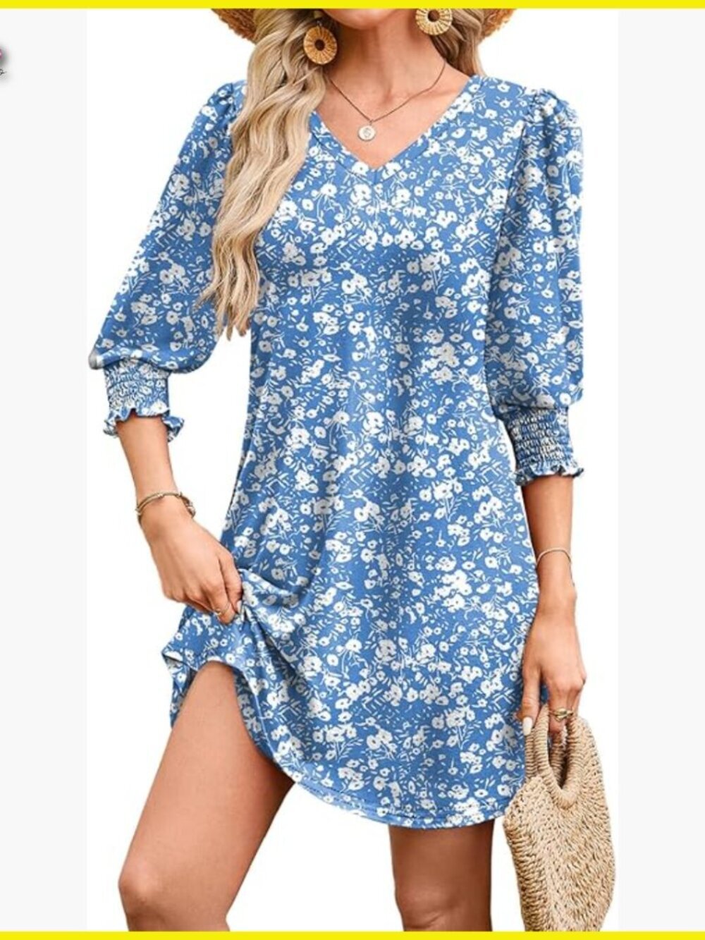 Flowy Midi Dress with Puff Sleeves V-Neck Casual Boho Chic Summer Wear